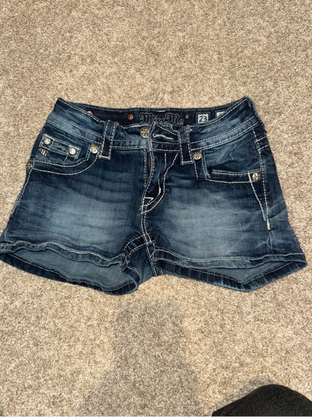 Miss Me Indigo Faded Low-Rise Jean Shorts